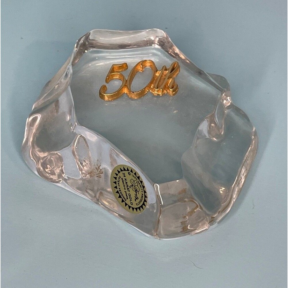 1986 MCM 24k Gold 50th Anniversary Paperweight | Art Deco Glass Paperweight